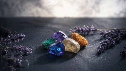 Display of gemstones and minerals alongside dry lavender, focusing on mineral collection and decorative use