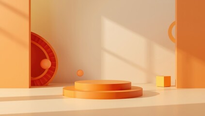 Abstract Halloween backdrop featuring a minimal orange podium and geometric stage setup for awards ceremonies, ideal for visual branding