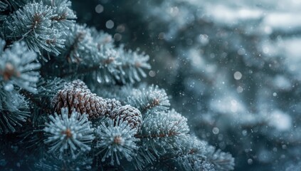 Pine cones coated with frost on a cold morning, winter preservation month