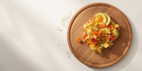 Scrambled eggs sandwich with vegetables on a wooden board, nutritious breakfast options
