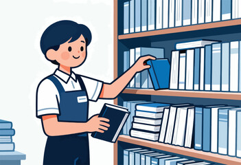 Smiling person in blue apron placing book on shelf amidst many books
