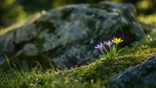 Alpine Viola biflora flowering in mountain terrain, emphasizing seasonal plant growth