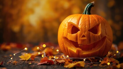 Detailed view of a jack-o-lantern with a spooky face, autumn harvest gourd, Halloween holiday