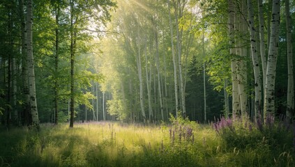 Fototapeta premium Upright birch trees in a summer forest illuminated by sunlight, highlighting seasonal change