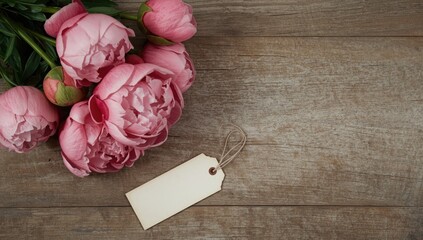 Pink peonies blooms arranged on rustic wooden surface, ideal for floral design or greeting card layout for Valentine's Day