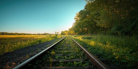 Metal railroad line amid vibrant green trees during summer, focusing on infrastructure preservation, Earth Day