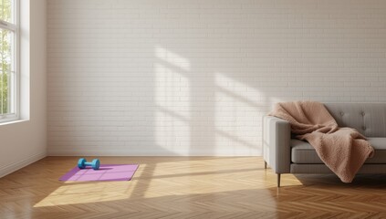 Home gym setup featuring a grey sofa, purple exercise mat, and a blue dumbbell on wooden flooring, focused on workout environment
