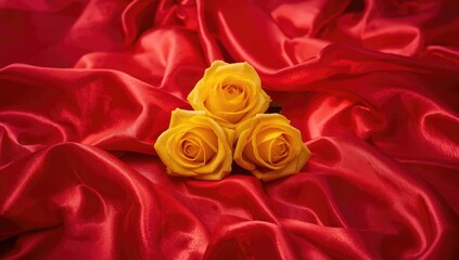 Naklejka premium Yellow roses placed on a red satin surface with an open area for writing, suitable for greeting cards or invitations
