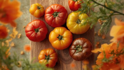 Assortment of ripe tomatoes in red, yellow, and orange tones, used as a colorful, health-focused food display