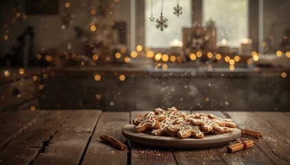 Christmas treats including gingerbread cookies and festive decor arranged on a wooden surface, holiday spirit