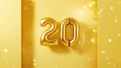 Celebration banner with twenty gold balloons on a yellow backdrop, designed for milestone event display