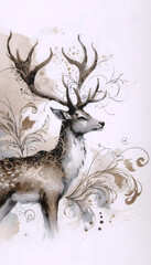 A majestic deer with antlers watercolor print, Ai generated image