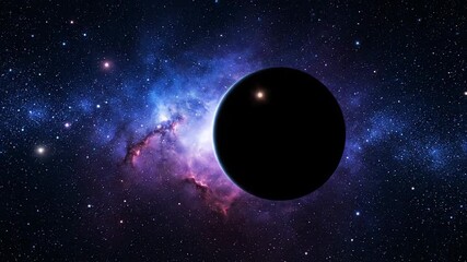 A high-resolution digital illustration of a dark exoplanet causing an eclipse, featuring a bright reflection against the mysterious blue and purple colors of a vast cosmic nebula.