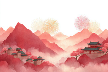 fireworks over mountains chinese new year