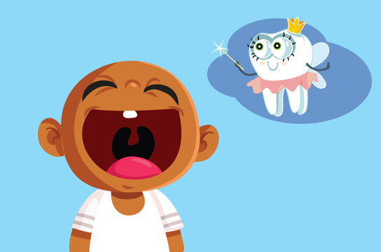 Baby Visited by Tooth Fairy Getting his First Tooth Vector Cartoon. Little kid feeling happy about teething not hurting 
