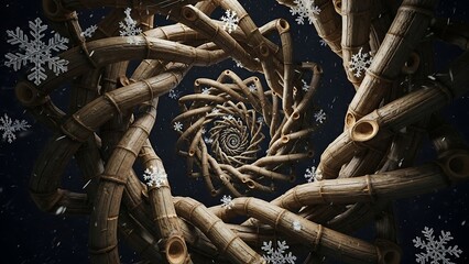 Winter branches in spiral snow scene.