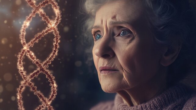 Elderly woman beside dna strand symbolizes genetic testing in precision medicine
