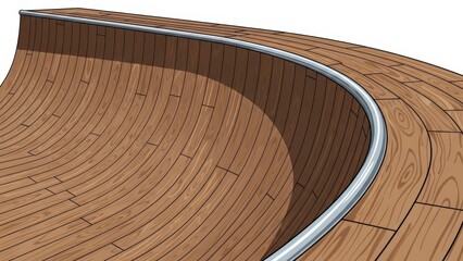 Curved wooden surface with a metal rail, creating a dynamic and abstract architectural element.