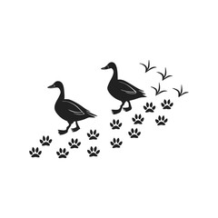 Fototapeta premium Duck and Goose Footprints Trail with Birds Vector Silhouette
