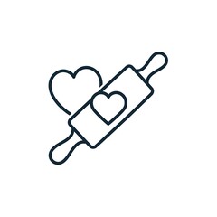 Monochrome illustration features a rolling pin and two hearts