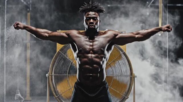 A strong athlete captivates with powerful poses against a backdrop of swirling mist and vibrant machinery, showcasing remarkable strength. The energy pulses through the air as the focus sharpens.