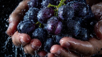 A close-up shot of a bunch of purple grapes being held by hands and being splashed with water