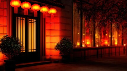 Night street scene with red lanterns along a storefront potted plants and a tree-lined sidewalk bathed in glow
