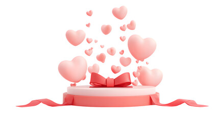 Pink hearts floating from a gift pedestal 3d rendered, isolated on transparent background