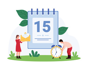 Team members managing schedules and deadlines. One holds an envelope with documents, while another adjusts a large clock in front of a calendar vector illustration.