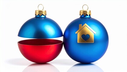 Split Christmas ornament with blue top featuring gold house and heart icon, red bottom half open as container.
