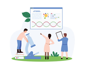 Medical researchers analyzing DNA. One uses a microscope, another points to a screen with DNA data, while a third records observations vector illustration.