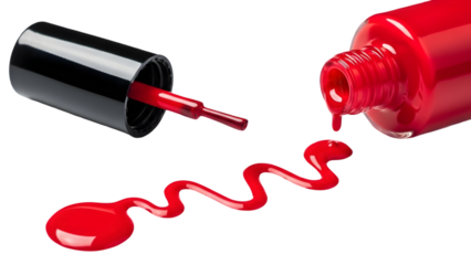 Red nail polish bottle and drips isolated on transparent background