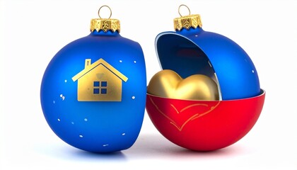 Split Christmas ornament with blue top featuring gold house and heart icon, red bottom half open as container.