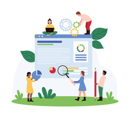 Group collaborating on evaluating business data on a large screen, analyzing graphs, charts, and information, using tools like magnifying glass and gears to improve performance vector illustration