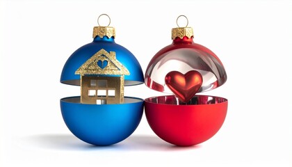 Split Christmas ornament with blue top featuring gold house and heart icon, red bottom half open as container.