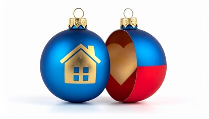 Split Christmas ornament with blue top featuring gold house and heart icon, red bottom half open as container.