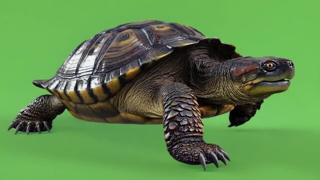 Snapping turtle in motion on green background