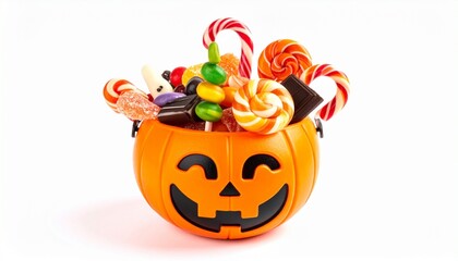 Halloween pumpkin container filled with colorful candies including lollipops, candy canes, and chocolate bars.