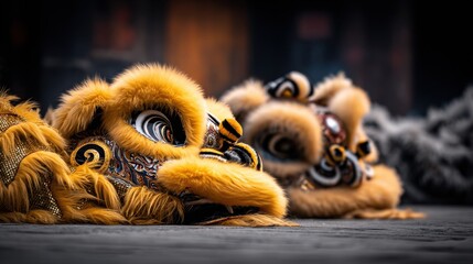 Vibrant lion dance puppets lie on a stage, close foreground with golden fur, eyes wide, dark backdrop, softly