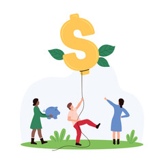 Inflation problem, financial crisis, money savings and investments loss. Tiny people pull big air balloon down, investors hold bubble with dollar sign and piggy bank cartoon vector illustration