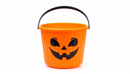 Orange plastic pumpkin container with black jack-o'-lantern face and handle on white background, Halloween accessory.
