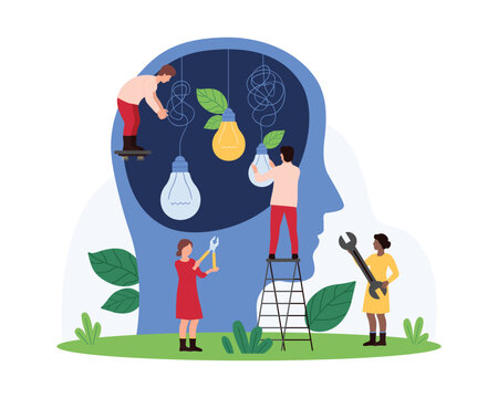 Creative idea to solve problem, solution process simplification Tiny people repair dark broken bulbs with messy knots hanging on wires inside human head, upgrade thoughts cartoon vector illustration