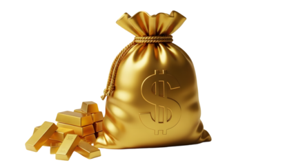 Golden bag with gold bars isolated on transparent background