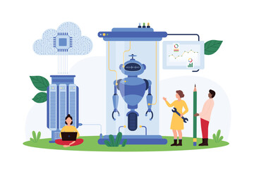 Automation of smart assistant creation, AI development, machine learning. Tiny people assembly, repair and control futuristic tech laboratory equipment with robot inside cartoon vector illustration
