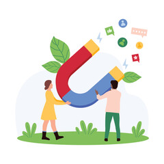 Influence of viral blogger content in social media, inbound lead generation. Tiny people holding big magnet to attract reactions, like icons and comments of followers cartoon vector illustration