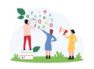 Dyslexia, learning disorder, type of reading and understanding, processing information difficulty. Tiny people work with chaos of scattered letters inside speech bubble cartoon vector illustration