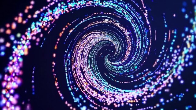 Spiraling particle vortex in motion across dark space, thousands of colored dots trace luminous spiral arms with emerald and gold highlights, depth blur and bokeh create hypnotic portal effect,