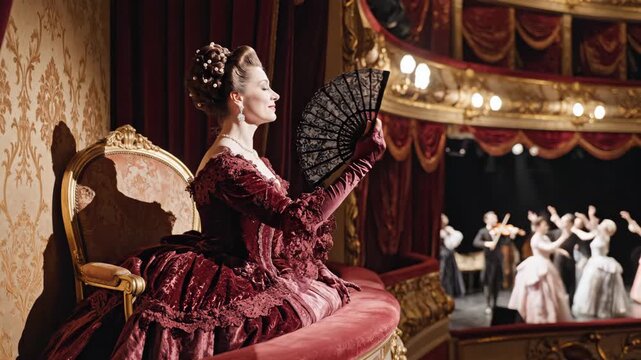 A graceful woman in an exquisite gown sits in a plush theater box, elegantly fanning herself as she admires the ballet dancers on stage. Evening elegance shines bright.