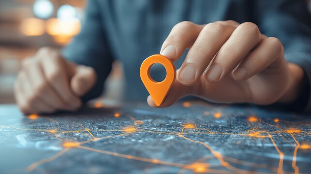 A person places an orange location pin on a digital map with glowing orange lines and dots representing various locations and connections.