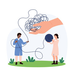 Two doctors untangle a complex yarn ball held by a giant hand, representing problem-solving in mental health. Background includes simple landscape elements and abstract shapes vector illustration